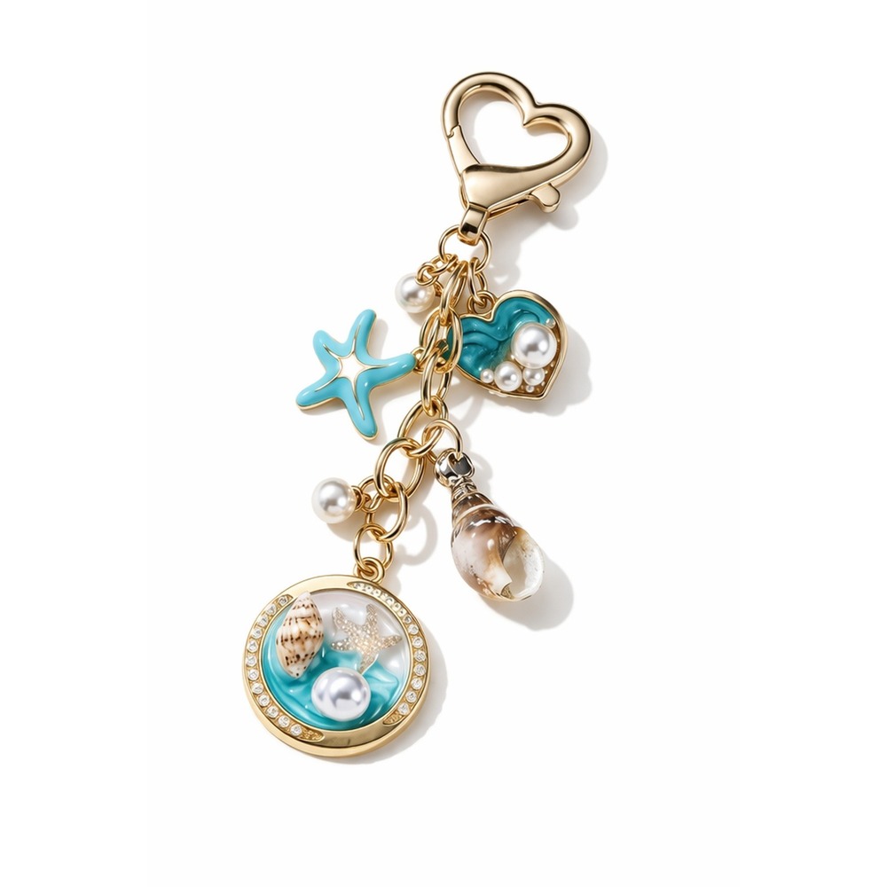 Boutique Ocean Charm Keychain‎ Blue Gold Coastal Beach NWOT